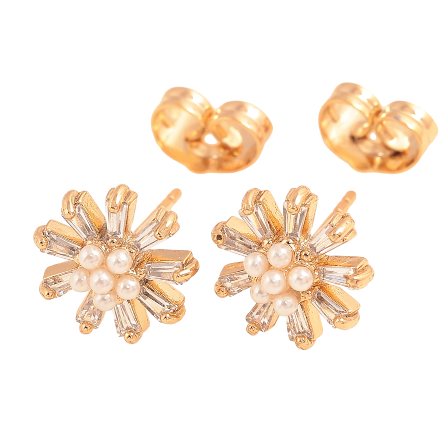 Сережки Xuping колір Позолота 18К пусети "Кристальні квіточки з перлинами" фото №1 Сережки Xuping колір Позолота 18К пусети "Кристальні квіточки з перлинами" фото №1