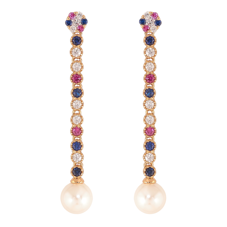 Серьги Xuping цвет Позолота 18К пусеты "Подвески с разноцветными кристаллами и жемчужинами" фото №9