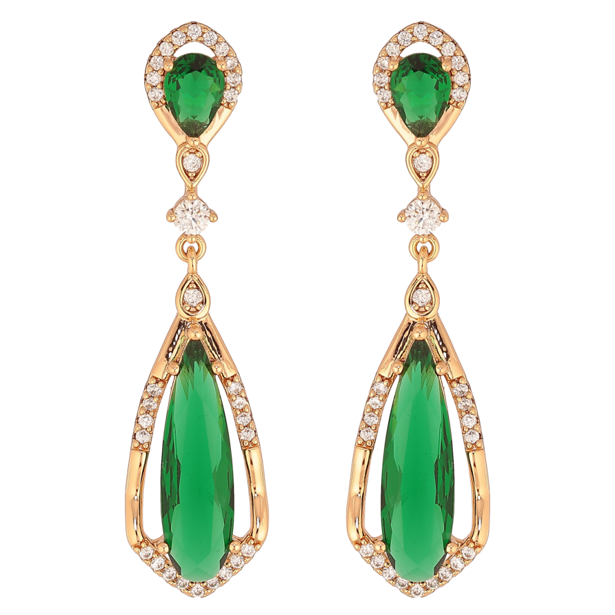 Серьги Xuping цвет Позолота 18К пусеты "Подвески с зелеными кристаллами" фото №1