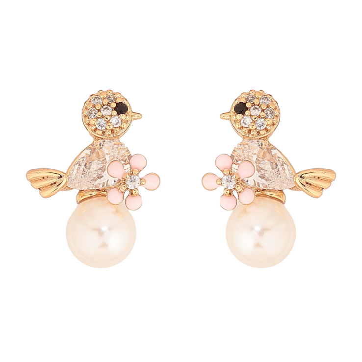 Сережки Xuping колір Позолота 18К пусети "Пташка з перлиною та рожевою квіточкою" фото №16 Сережки Xuping колір Позолота 18К пусети "Пташка з перлиною та рожевою квіточкою" фото №16