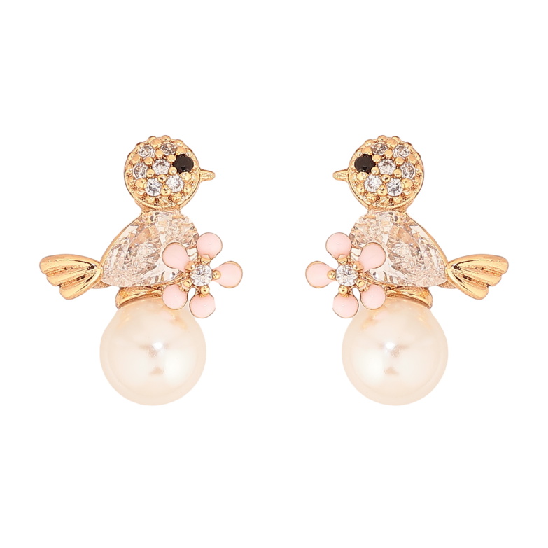 Серьги Xuping цвет Позолота 18К пусеты "Птичка с жемчужиной и розовым цветочком" фото №3 Серьги Xuping цвет Позолота 18К пусеты "Птичка с жемчужиной и розовым цветочком" фото №3