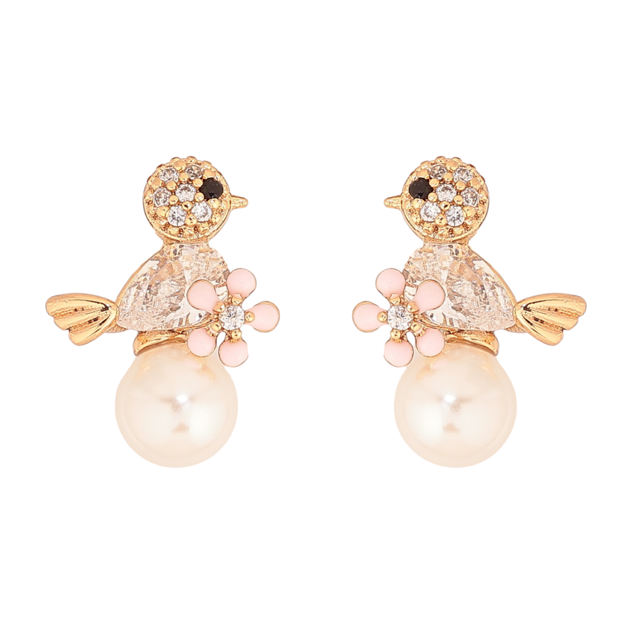 Сережки Xuping колір Позолота 18К пусети "Пташка з перлиною та рожевою квіточкою" фото №1 Сережки Xuping колір Позолота 18К пусети "Пташка з перлиною та рожевою квіточкою" фото №1