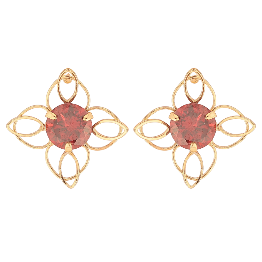 Серьги Xuping цвет Позолота 18К пусеты "Цветочки с красными кристаллами" фото №1