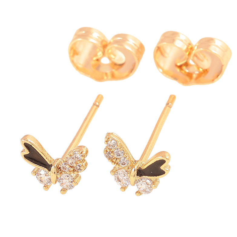 Сережки Xuping колір Позолота 18К пусети "Метелики з кристалами та чорною емаллю" фото №1