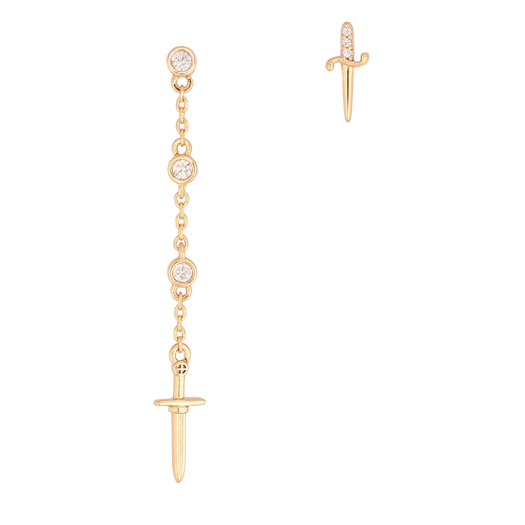 Сережки Xuping колір Позолота 18К пусети "Асиметричні підвіски з кинджалами та кристалами" фото №20