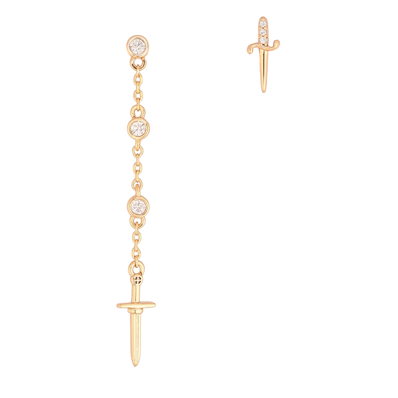 Серьги Xuping цвет Позолота 18К пусеты "Ассиметричные подвески с кинжалами и кристаллами" фото №1