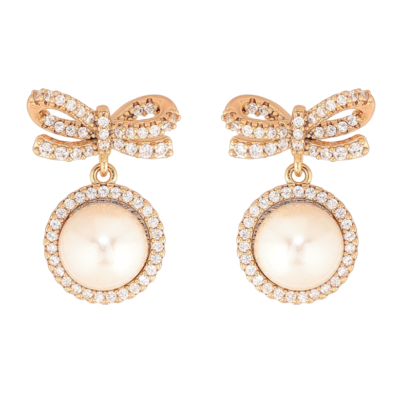 Серьги Xuping цвет Позолота 18К пусеты "Банты с жемчужными подвесками" фото №1 Серьги Xuping цвет Позолота 18К пусеты "Банты с жемчужными подвесками" фото №1