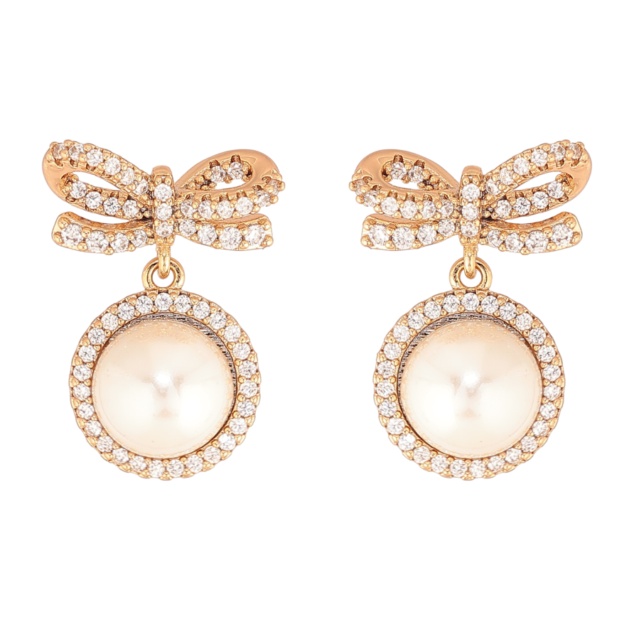 Серьги Xuping цвет Позолота 18К пусеты "Банты с жемчужными подвесками" фото №1 Серьги Xuping цвет Позолота 18К пусеты "Банты с жемчужными подвесками" фото №1