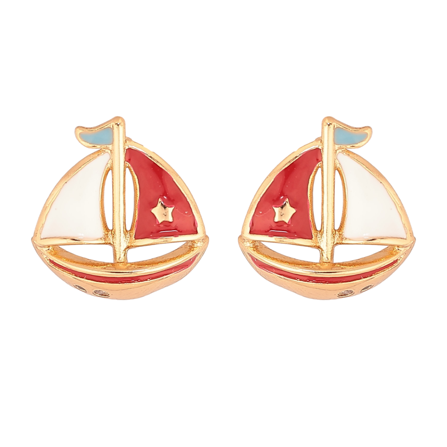 Сережки Xuping колір Позолота 18К пусети "Кораблики з червоно-білою емаллю" фото №1