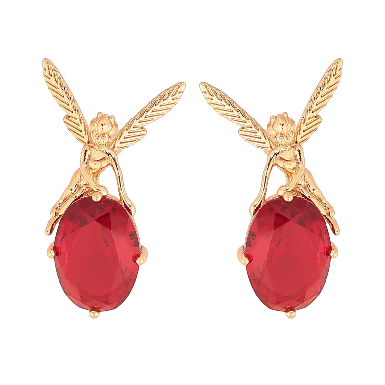 Сережки Xuping колір Позолота 18К пусети "Червоні кристали з феями" фото №1
