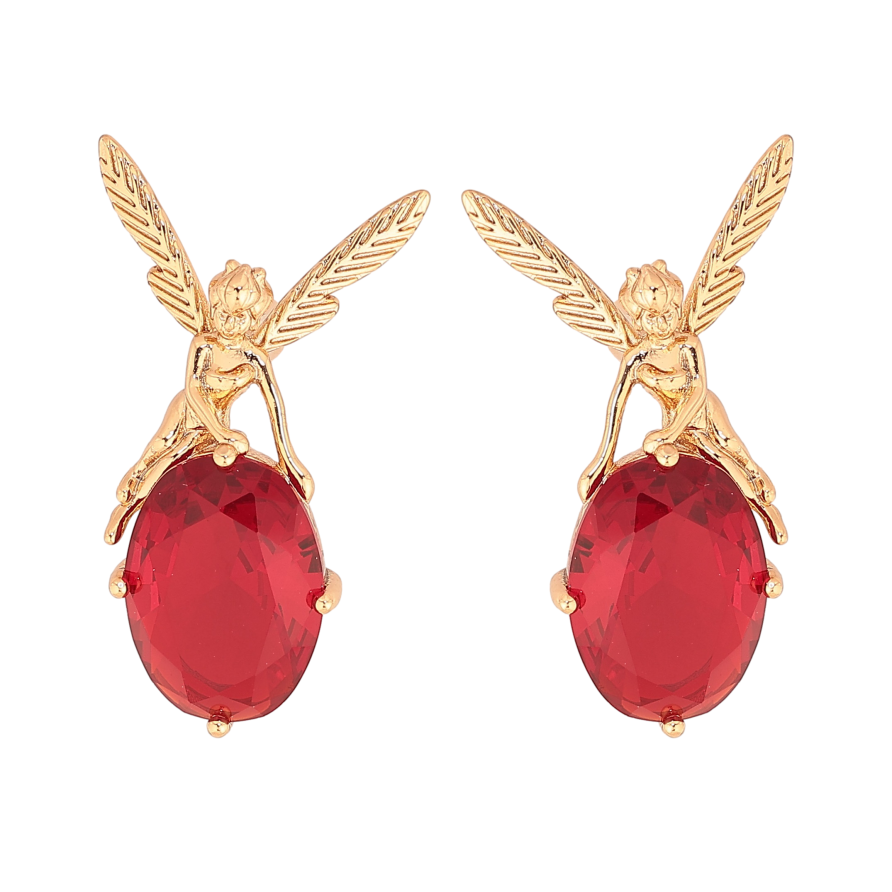 Серьги Xuping цвет Позолота 18К пусеты "Красные кристаллы с феями" фото №1