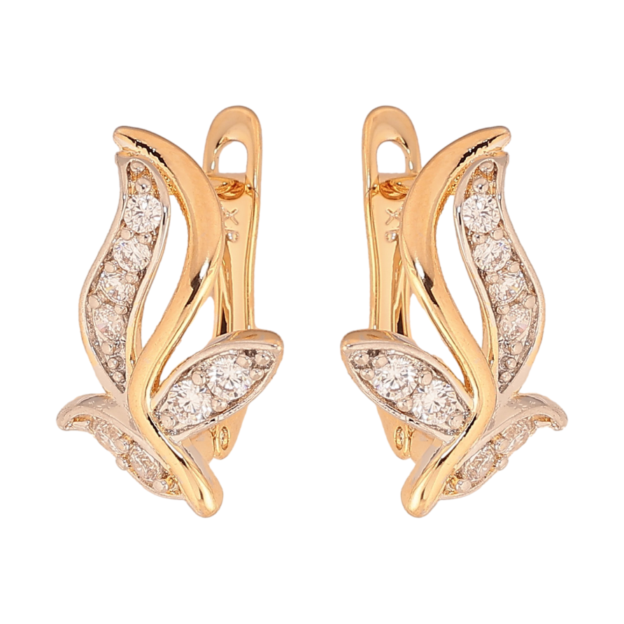 Серьги Xuping цвет Позолота 18К+Родий английский замок "Листики с кристаллами" фото №1