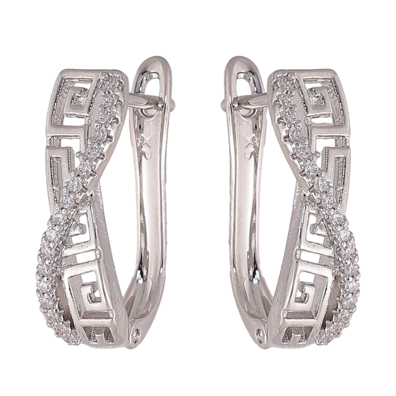 Серьги Xuping цвет Родий английский замок "Греческий узор с дорожкой кристаллов" фото №1