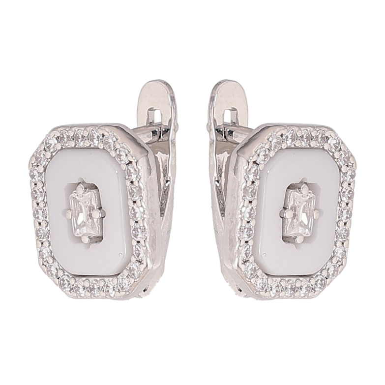 Сережки Xuping колір Родій англійський замок "Візерунок з білою керамікою та кристалами" фото №1 Сережки Xuping колір Родій англійський замок "Візерунок з білою керамікою та кристалами" фото №1