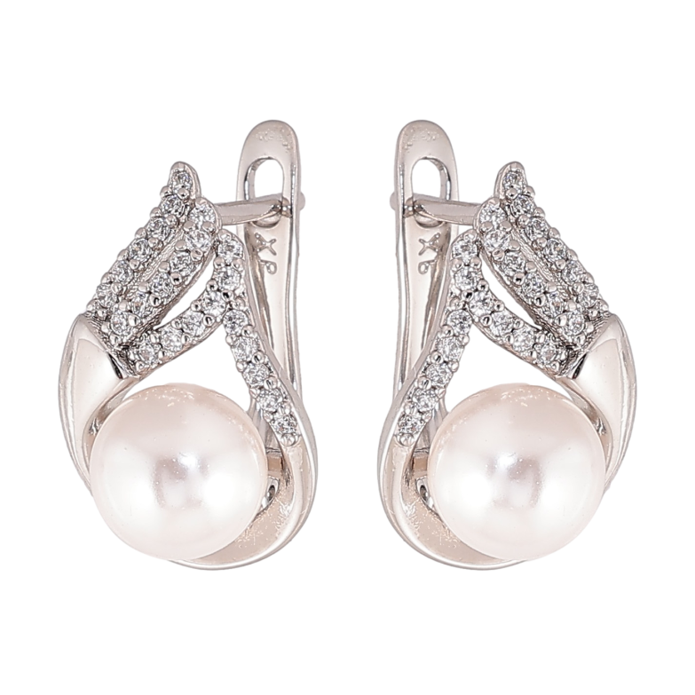 Серьги Xuping цвет Родий английский замок "Узор с кристаллами и жемчужиной" фото №1