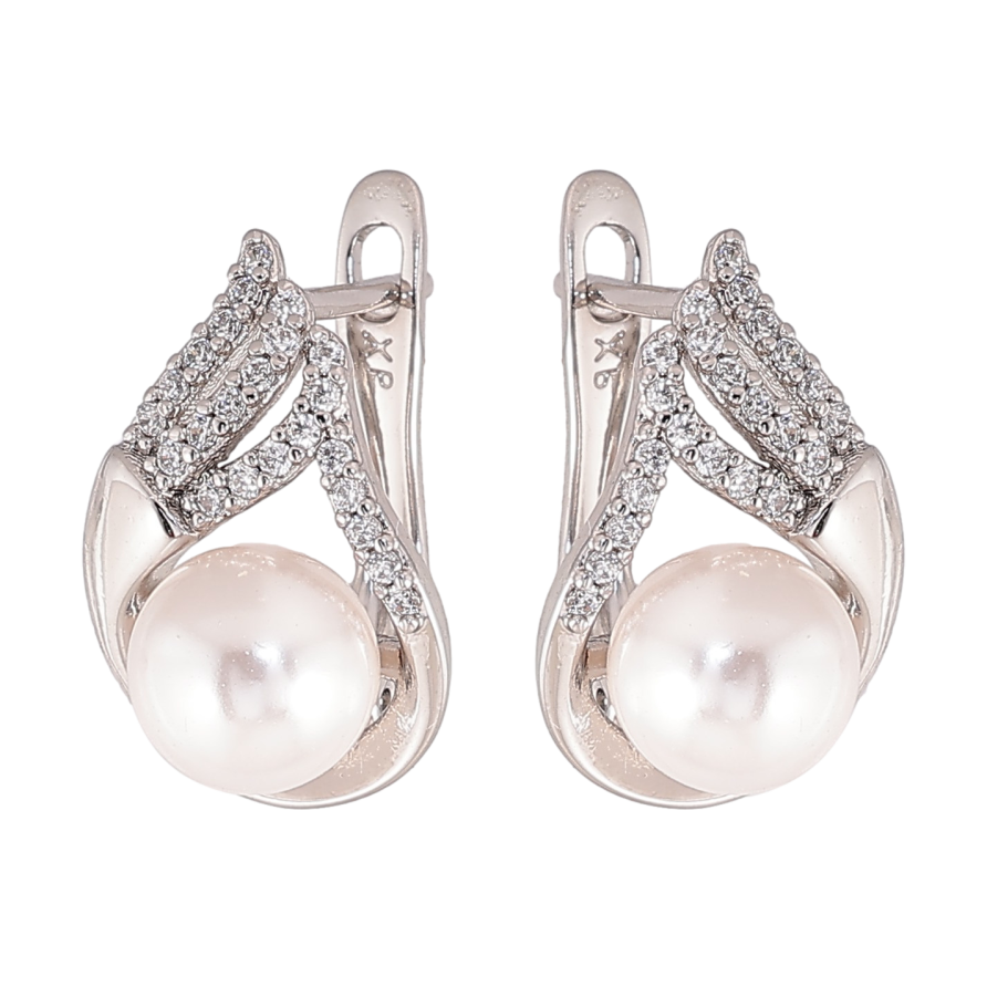 Сережки Xuping колір Родій англійський замок "Візерунок з кристалами та перлиною" фото №1