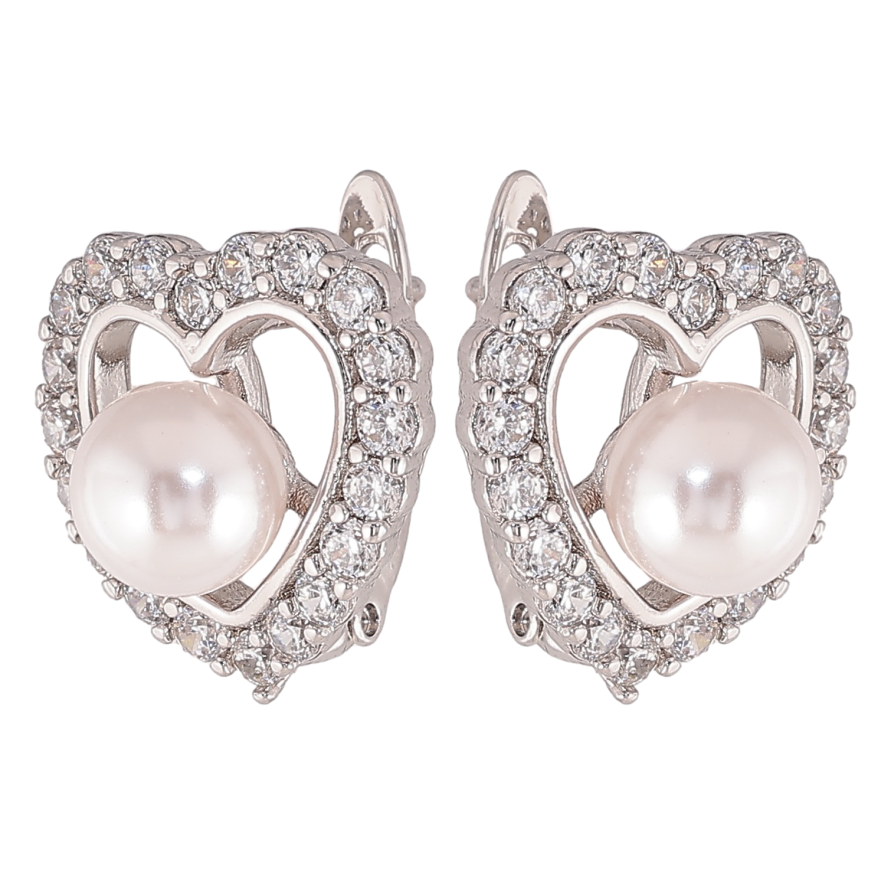 Сережки Xuping колір Родій англійський замок "Сердечки з кристалами та перлинами" фото №1 Сережки Xuping колір Родій англійський замок "Сердечки з кристалами та перлинами" фото №1