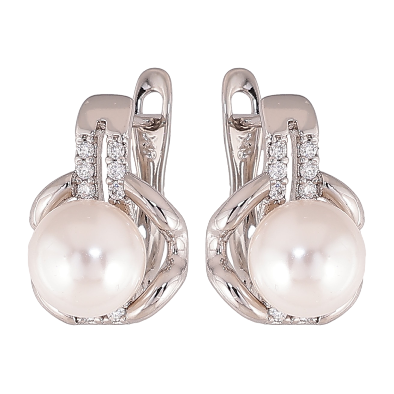 Серьги Xuping цвет Родий английский замок "Узор с кристаллами и жемчужинами" фото №1