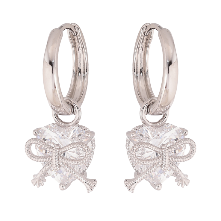 Сережки Xuping колір Родій підвіски на колечках "Кристальні серця з бантами" 2 в 1 фото №11