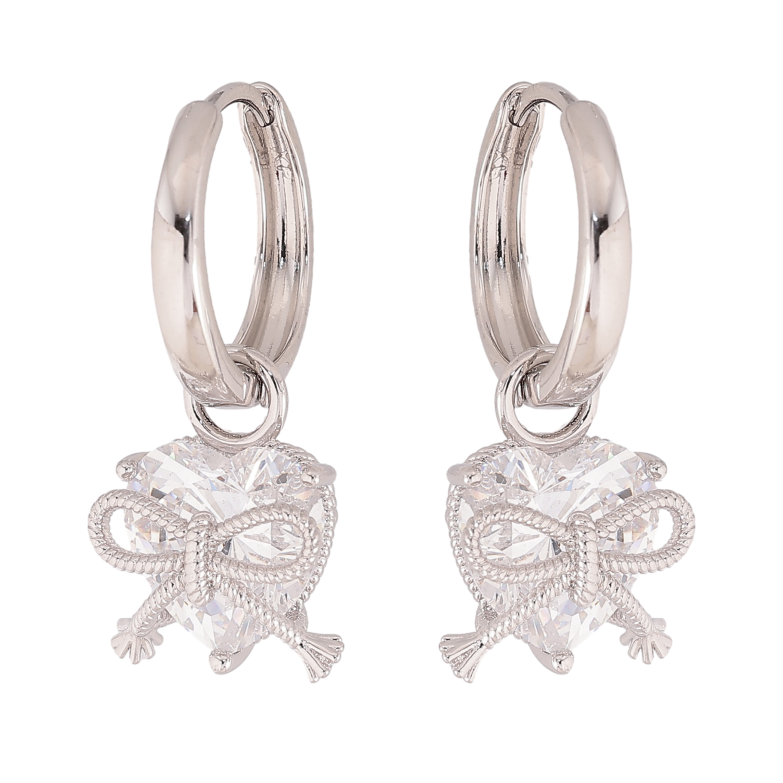 Сережки Xuping колір Родій підвіски на колечках "Кристальні серця з бантами" 2 в 1 фото №1