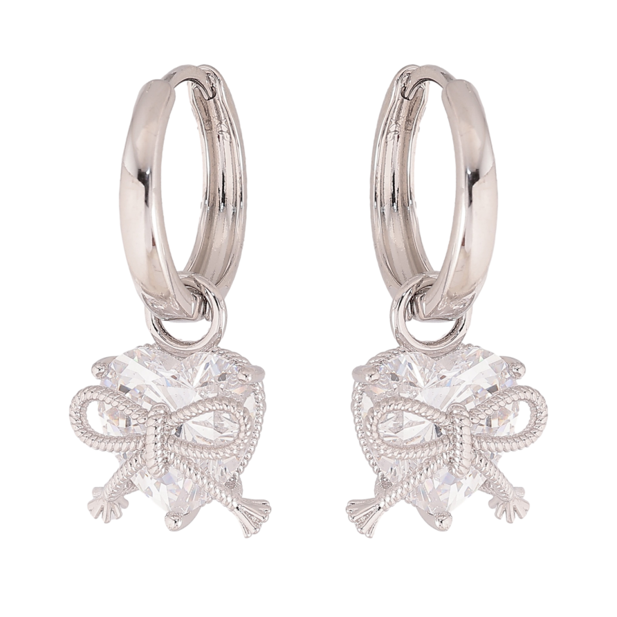 Сережки Xuping колір Родій підвіски на колечках "Кристальні серця з бантами" 2 в 1 фото №1