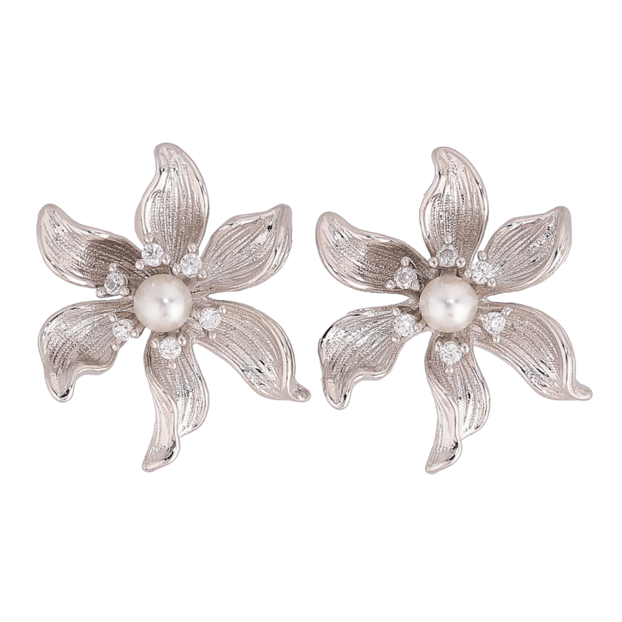 Сережки Xuping колір Родій пусети "Квіточки з перлинками" фото №1