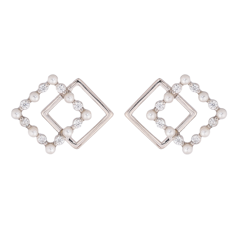 Сережки Xuping колір Родій пусети "Ромби з кристалами та перлинами" фото №1