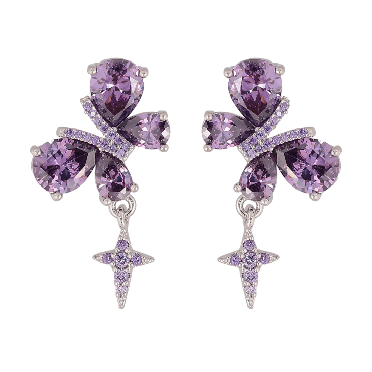 Сережки Xuping колір Родій пусети "Бузкові кристальні метелики" фото №16