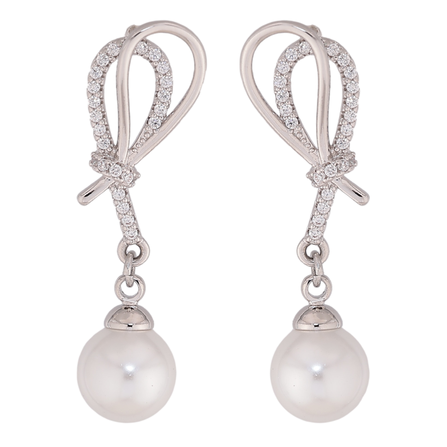 Серьги Xuping цвет Родий пусеты "Петельки с жемчужными подвесками" фото №1