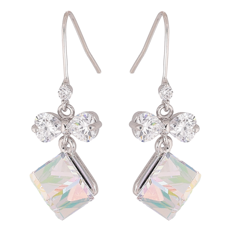 Серьги Xuping цвет Родий с кристаллами Swarovski французский замок "Кристальные кубики Shimmer с бантами" фото №1