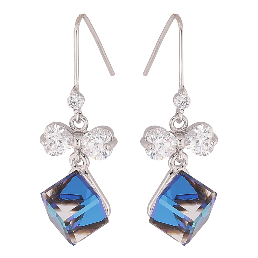 Серьги Xuping цвет Родий с кристаллами Swarovski французский замок "Кристальные кубики Bermuda Blue с бантами" фото №1