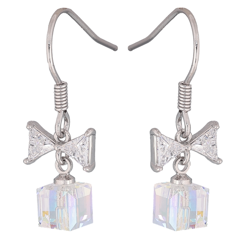 Серьги Xuping цвет Родий с кристаллами Swarovski французский замок "Кристальные кубики Shimmer с бантами" фото №1