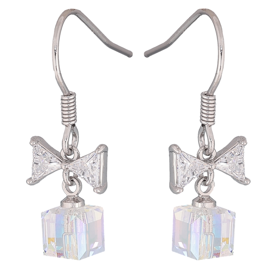 Серьги Xuping цвет Родий с кристаллами Swarovski французский замок "Кристальные кубики Shimmer с бантами" фото №1