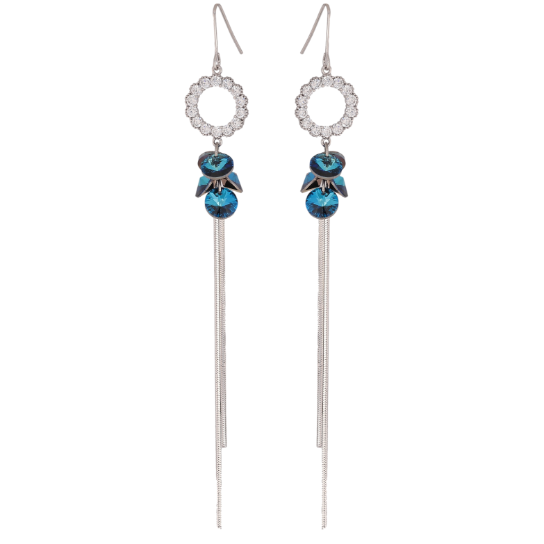 Сережки Xuping колір Родій з кристалами Swarovski французький замок "Кристали Metallic Blue на колечках з ланцюжками" фото №1 Сережки Xuping колір Родій з кристалами Swarovski французький замок "Кристали Metallic Blue на колечках з ланцюжками" фото №1