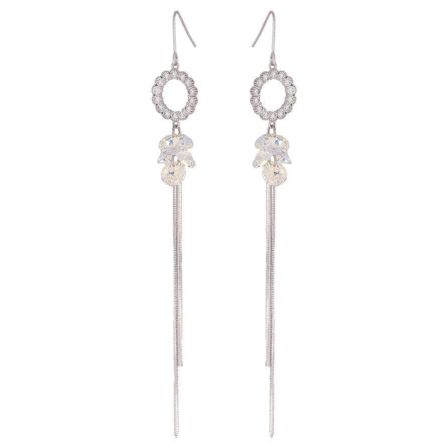 Серьги Xuping цвет Родий с кристаллами Swarovski французский замок "Кристаллы Shimmer на колечках с цепочками" фото №1 Серьги Xuping цвет Родий с кристаллами Swarovski французский замок "Кристаллы Shimmer на колечках с цепочками" фото №1