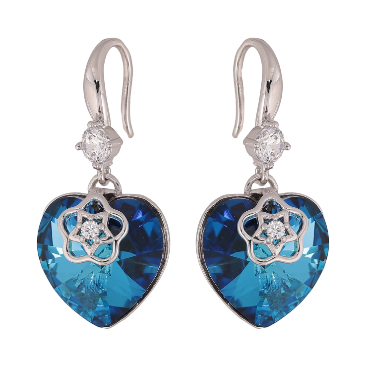 Сережки Xuping колір Родій з кристалами Swarovski французький замок "Сердечка Metallic Blue з квітковою накладкою" фото №6 Сережки Xuping колір Родій з кристалами Swarovski французький замок "Сердечка Metallic Blue з квітковою накладкою" фото №6