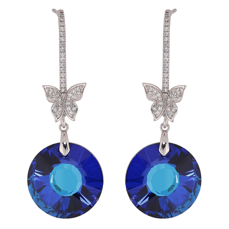 Серьги Xuping цвет Родий с кристаллами Swarovski пусеты "Кристальные дуги с бабочками и подвесками Bermuda Blue" фото №7 Серьги Xuping цвет Родий с кристаллами Swarovski пусеты "Кристальные дуги с бабочками и подвесками Bermuda Blue" фото №7