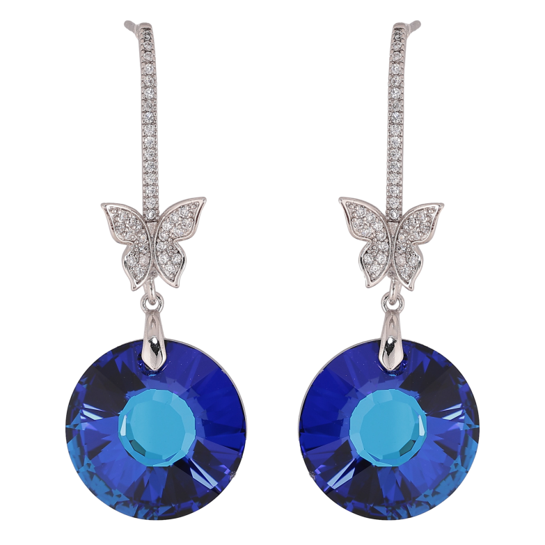 Сережки Xuping колір Родій з кристалами Swarovski пусети "Кристальні дуги з метеликами та підвісками Bermuda Blue" фото №1