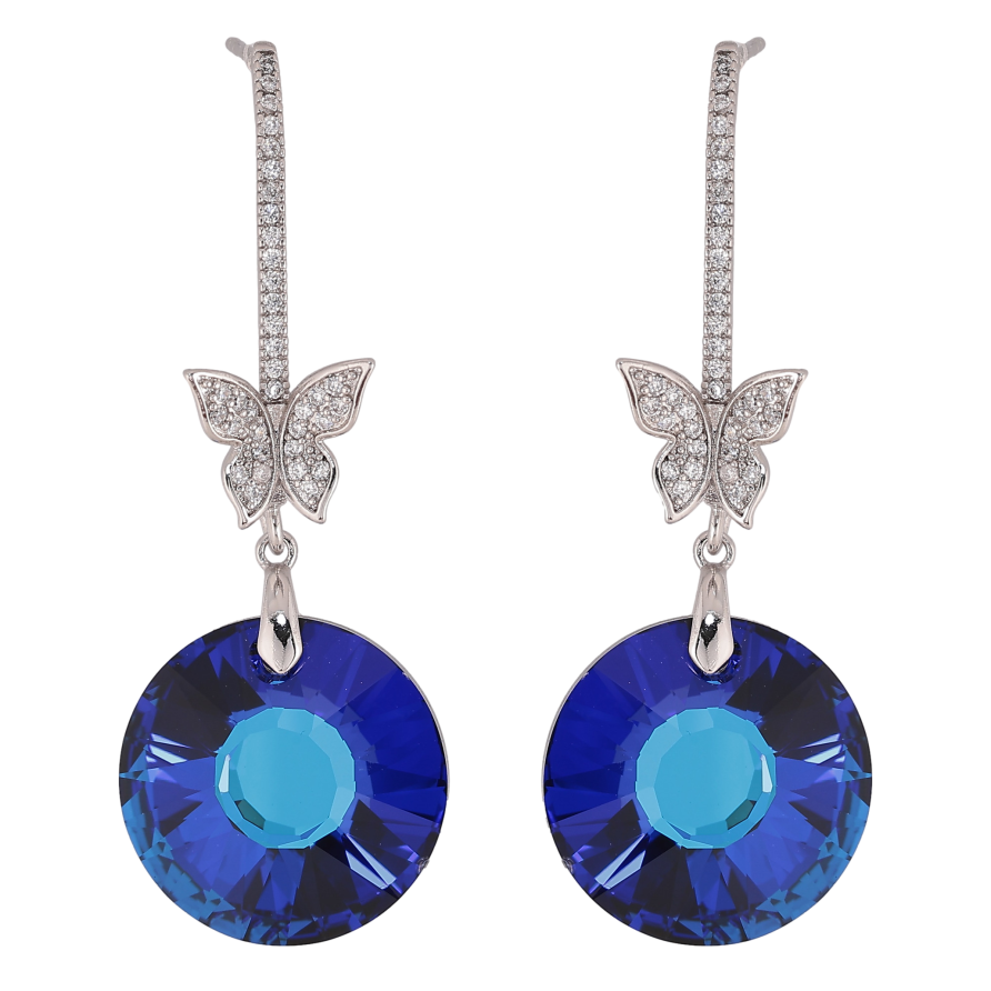 Серьги Xuping цвет Родий с кристаллами Swarovski пусеты "Кристальные дуги с бабочками и подвесками Bermuda Blue" фото №1 Серьги Xuping цвет Родий с кристаллами Swarovski пусеты "Кристальные дуги с бабочками и подвесками Bermuda Blue" фото №1