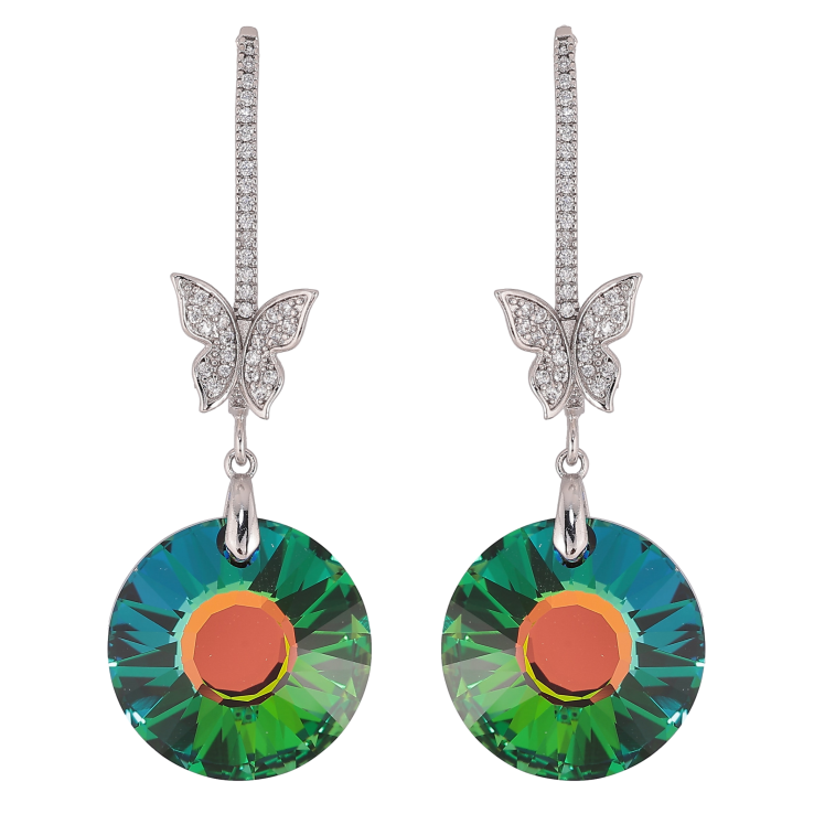 Серьги Xuping цвет Родий с кристаллами Swarovski пусеты "Кристальные дуги с бабочками и подвесками Vitrail Medium" фото №5 Серьги Xuping цвет Родий с кристаллами Swarovski пусеты "Кристальные дуги с бабочками и подвесками Vitrail Medium" фото №5