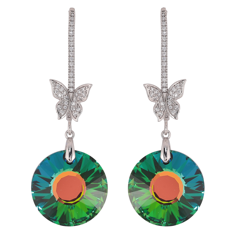 Серьги Xuping цвет Родий с кристаллами Swarovski пусеты "Кристальные дуги с бабочками и подвесками Vitrail Medium" фото №1 Серьги Xuping цвет Родий с кристаллами Swarovski пусеты "Кристальные дуги с бабочками и подвесками Vitrail Medium" фото №1