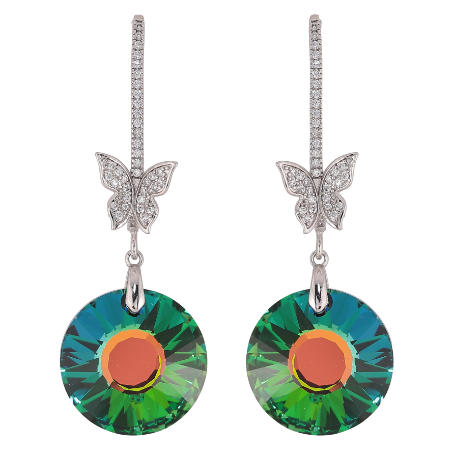 Серьги Xuping цвет Родий с кристаллами Swarovski пусеты "Кристальные дуги с бабочками и подвесками Vitrail Medium" фото №1 Серьги Xuping цвет Родий с кристаллами Swarovski пусеты "Кристальные дуги с бабочками и подвесками Vitrail Medium" фото №1