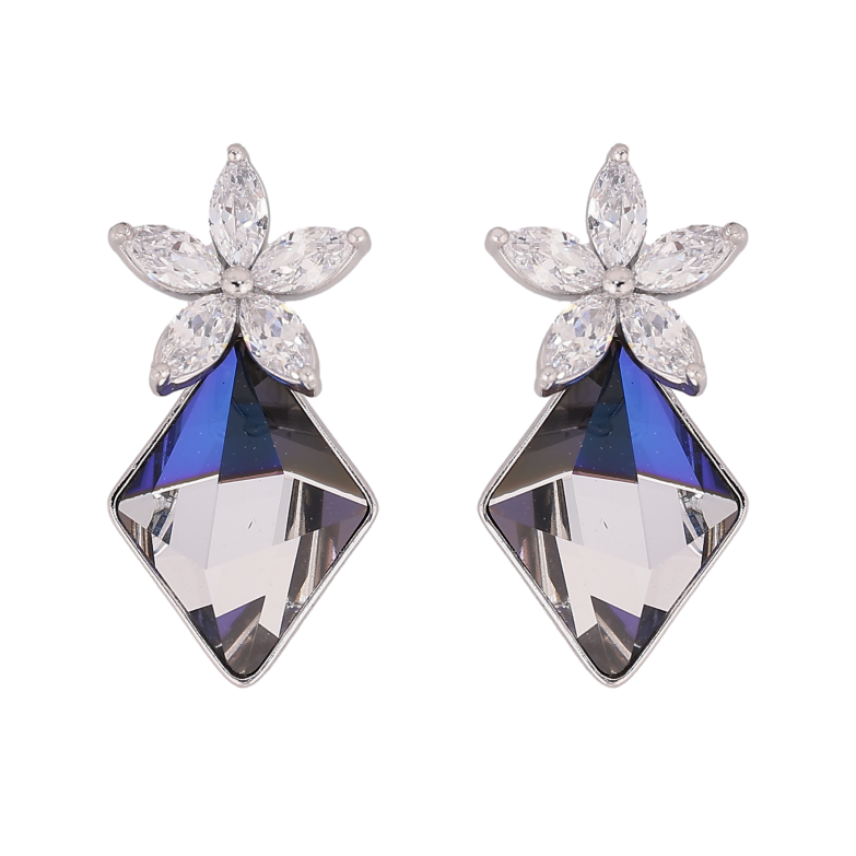 Сережки Xuping колір Родій з кристалами Swarovski пусети "Кристальна квітка з кристалом Bermuda Blue" фото №1