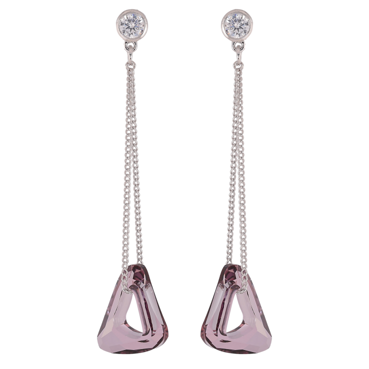 Серьги Xuping цвет Родий с кристаллами Swarovski пусеты "Кристальный треугольник Amethyst на цепочке" фото №6