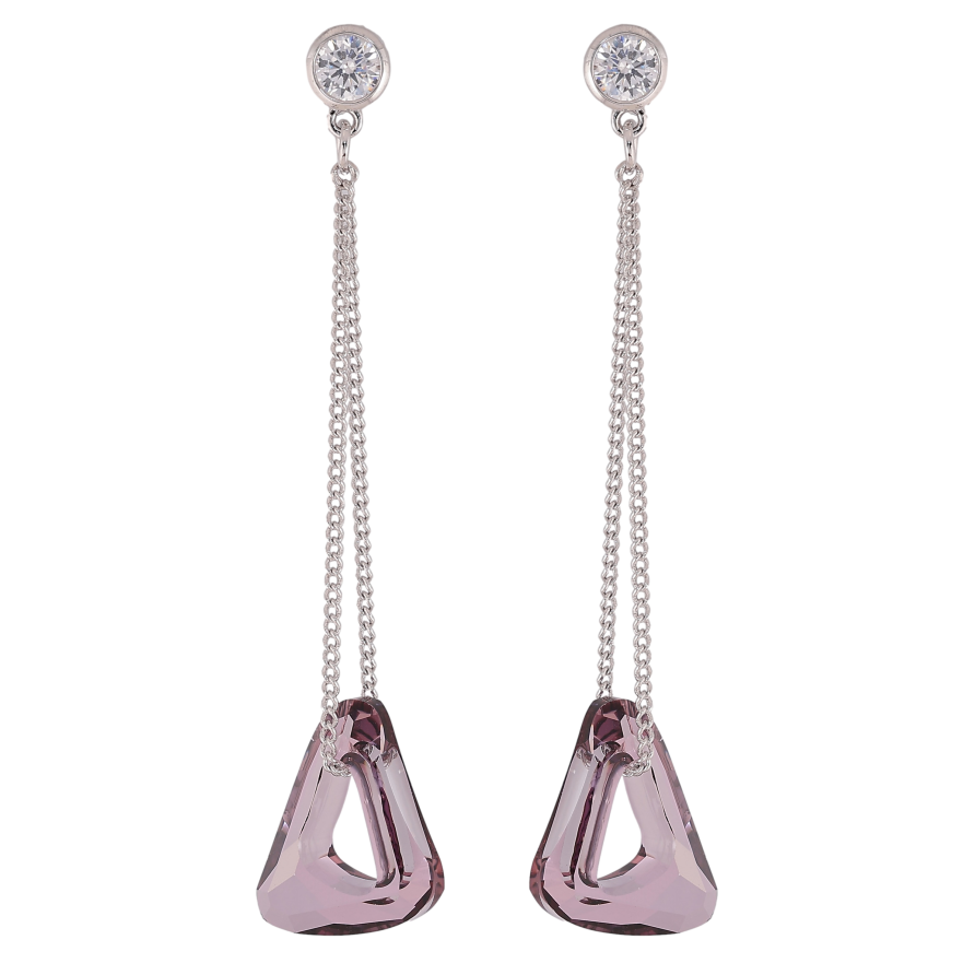 Серьги Xuping цвет Родий с кристаллами Swarovski пусеты "Кристальный треугольник Amethyst на цепочке" фото №1