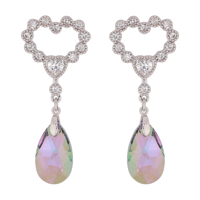 Серьги Xuping цвет Родий с кристаллами Swarovski пусеты "Сердечки с подвеской кристалл Vitrail Light" фото №1