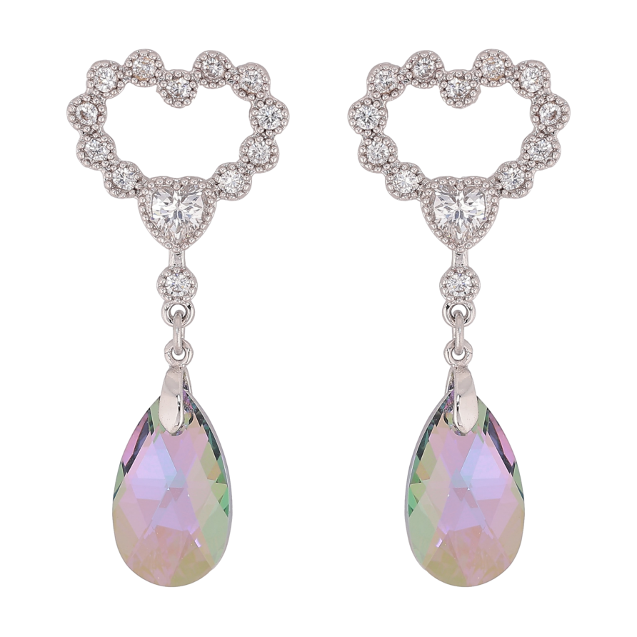 Серьги Xuping цвет Родий с кристаллами Swarovski пусеты "Сердечки с подвеской кристалл Vitrail Light" фото №1