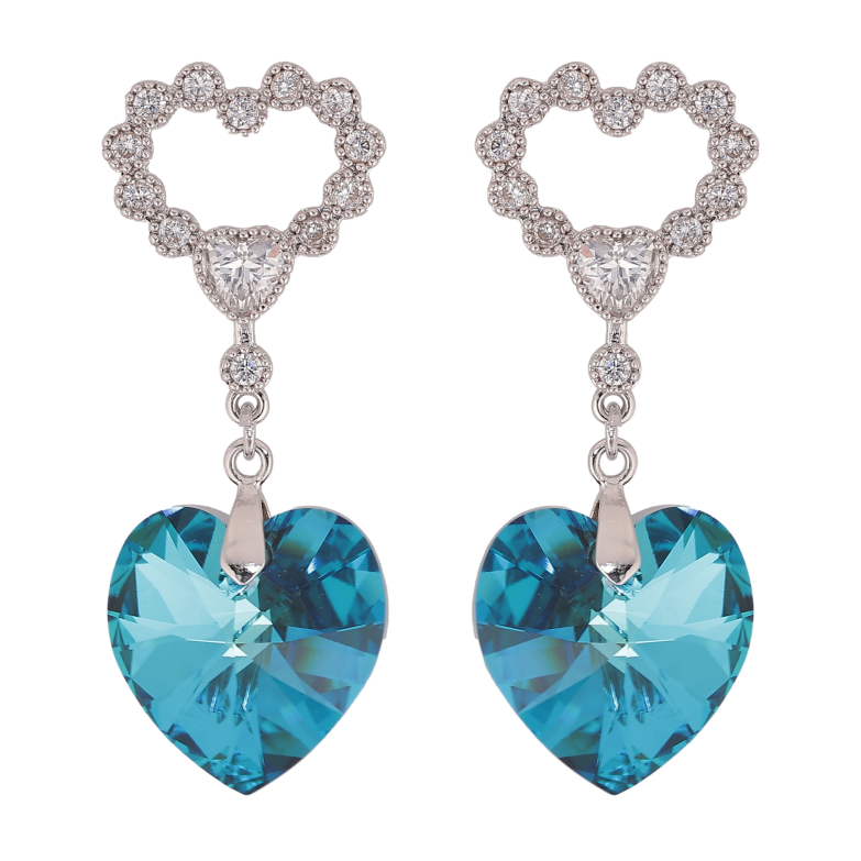 Серьги Xuping цвет Родий с кристаллами Swarovski пусеты "Сердечки с подвеской кристалл Capri Blue" фото №1