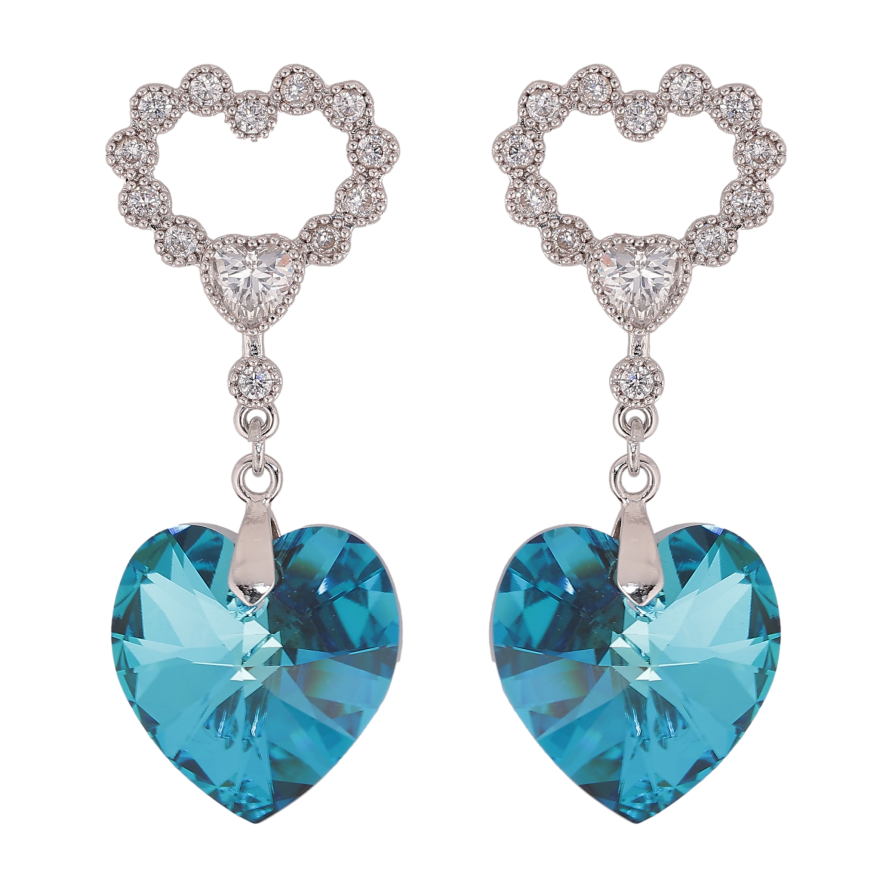 Серьги Xuping цвет Родий с кристаллами Swarovski пусеты "Сердечки с подвеской кристалл Capri Blue" фото №1
