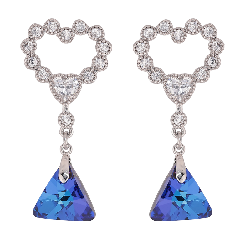 Серьги Xuping цвет Родий с кристаллами Swarovski пусеты "Сердечки с подвеской кристалл Bermuda Blue" фото №1